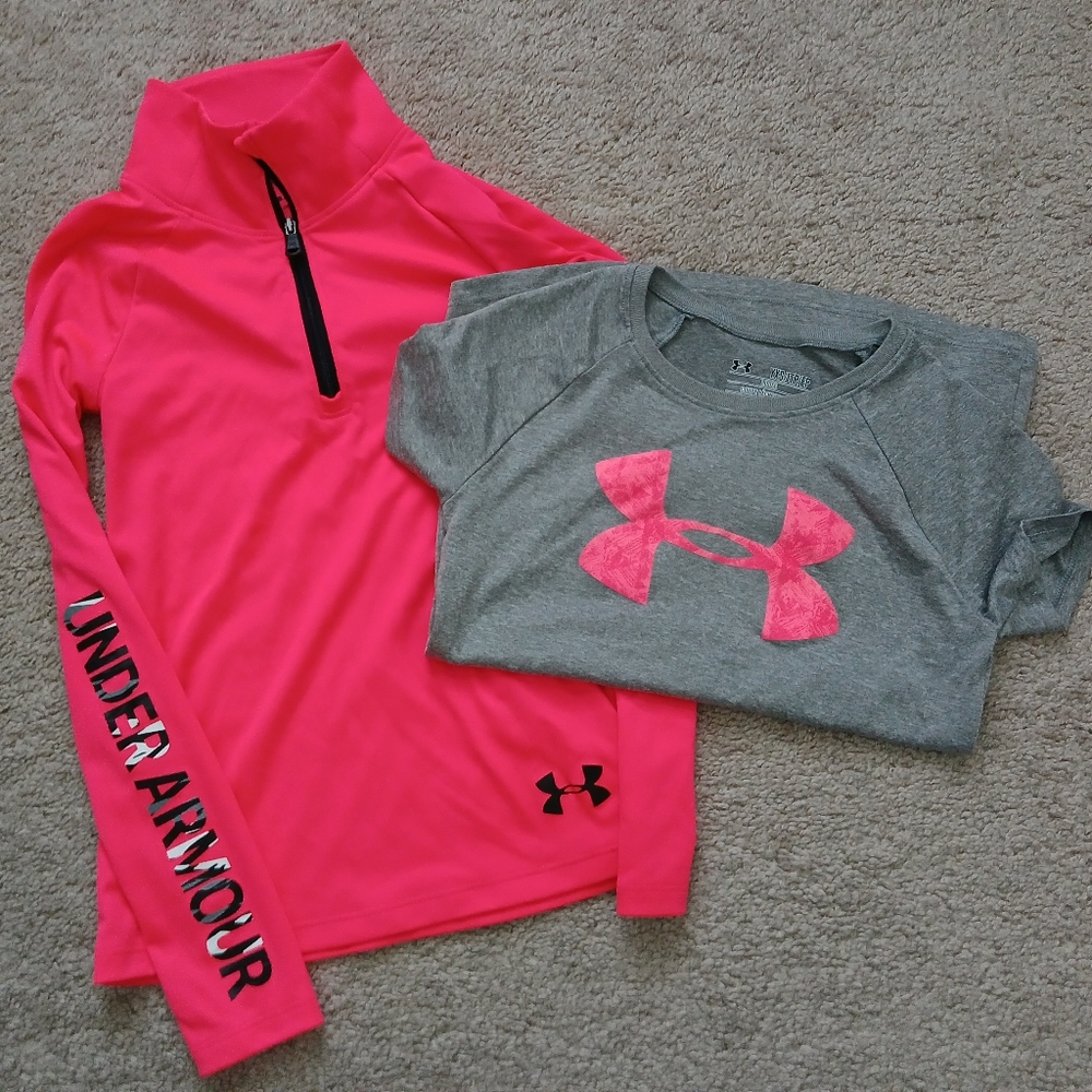 Girls Under Armour Set Half Zip and Tee size XS Pink and Gray